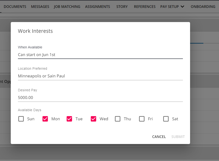 Work Interest Card Edit Options